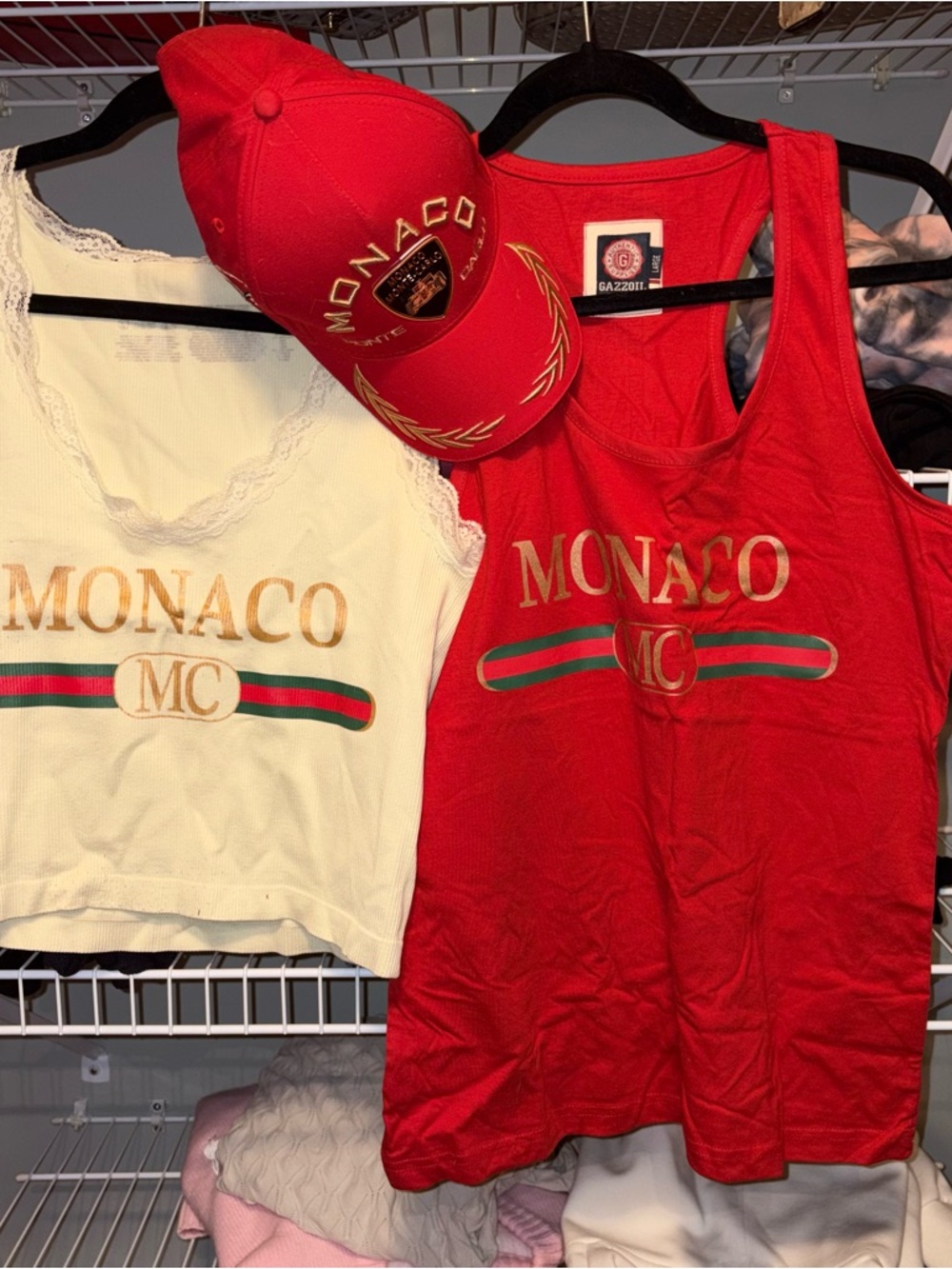 Purchased in Monaco! 3PC Bundle! Red Tank, Ivory Logo Crop + Monaco Red Hat!